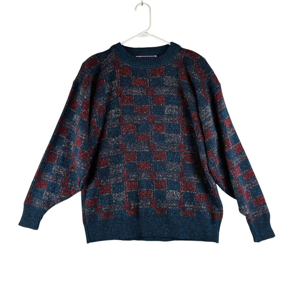 Sweater Graphix Pullover Sweater Women's XL Vintage Knit Checkerboard Blue Red